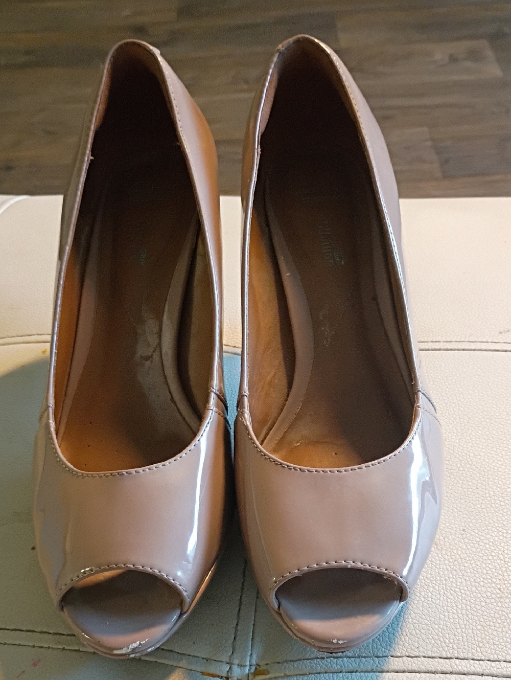 Clarks Beige Patent Peep-Toe Heels